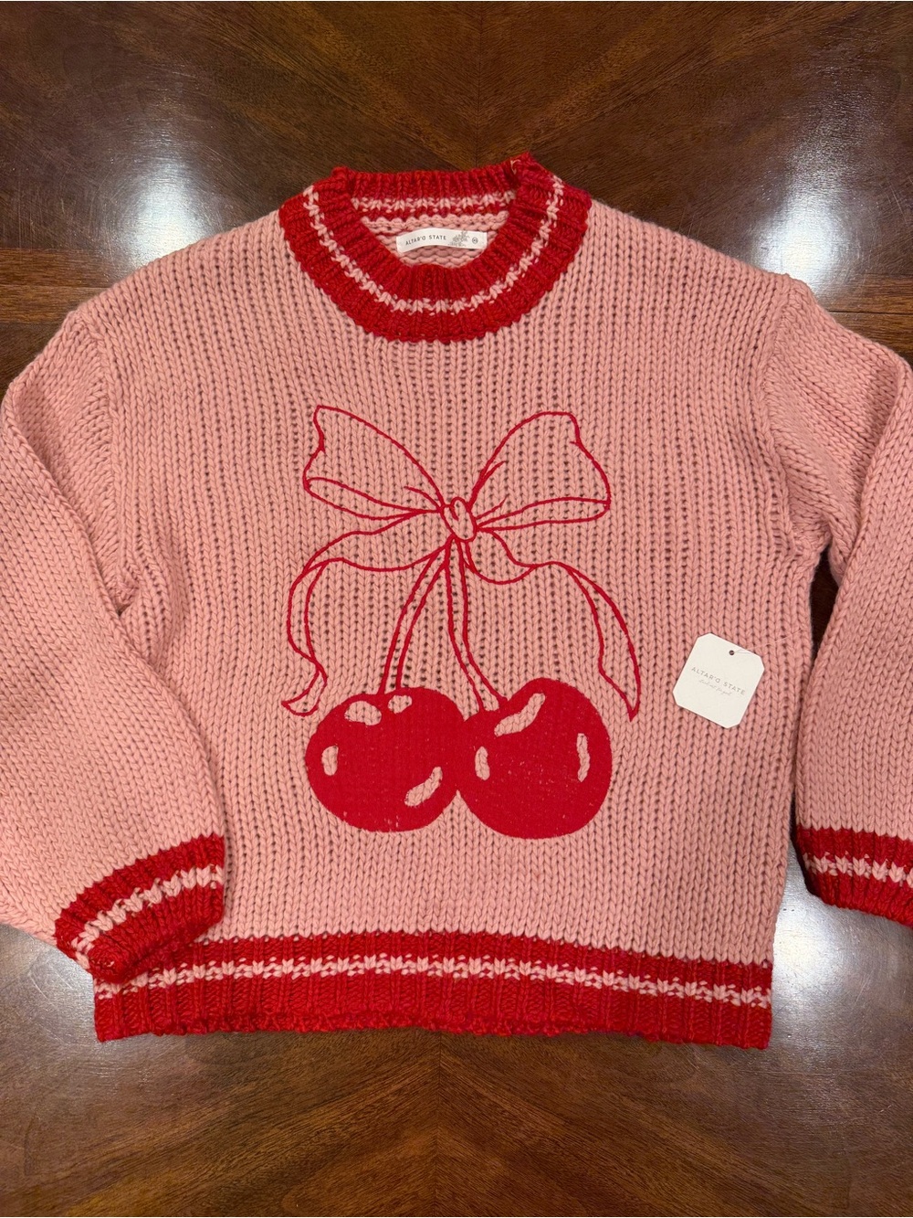 Altar’d State Pink Sweater with Red Cherry and Bow Graphic, NWT